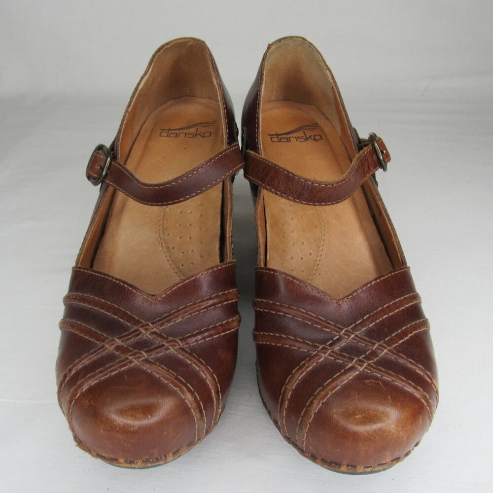 Dansko Brown Leather Mary Jane Clog Heels - Picture 2 of 8